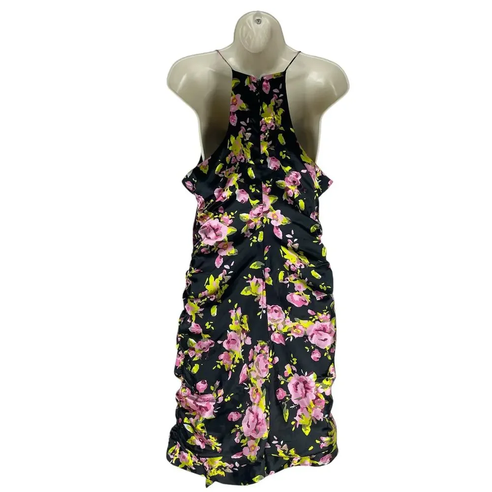 Likely Asta Floral Print Satin Mini Dress Ruffle Side Ruch Size 6